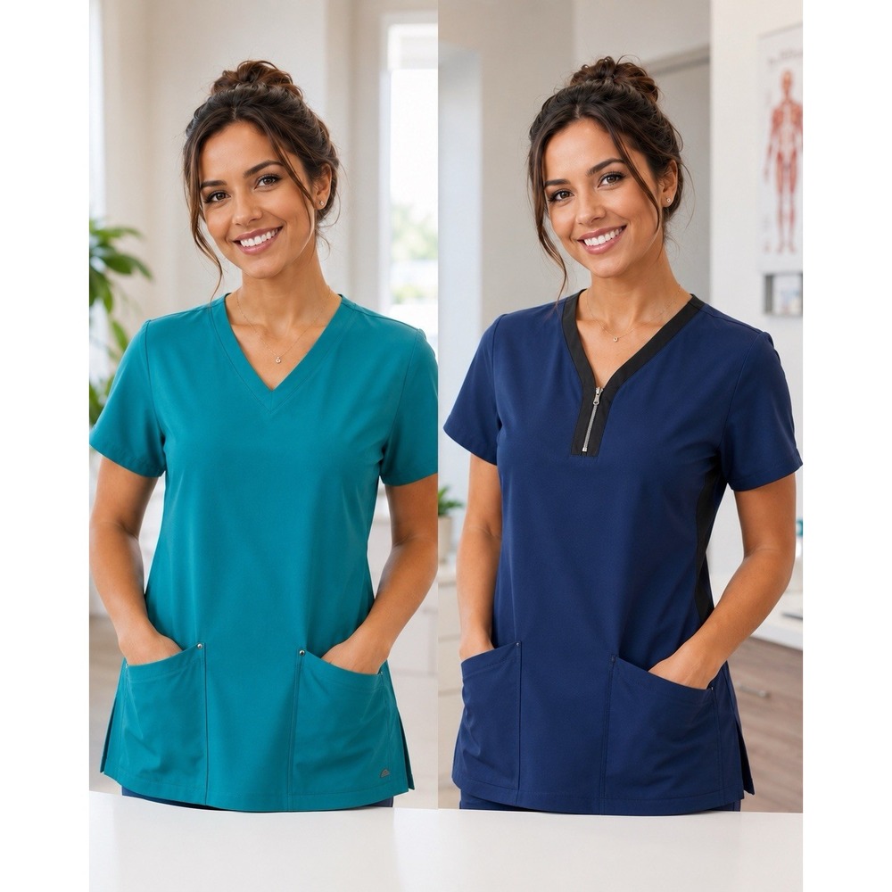 Easy Stretch Women's Large Scrub Tops Bundle 2 Blue Teal Medical Nursing Uniform
